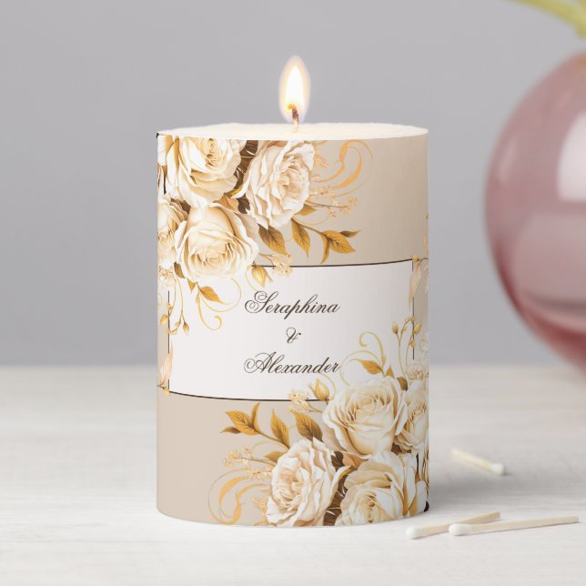 Elegant Gold & Ivory Floral Wedding Pillar Candle (In Situ)