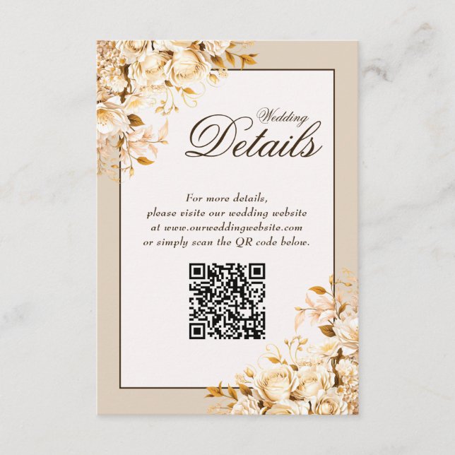 Elegant Gold Ivory Floral Wedding QR Code Details  Enclosure Card (Front)