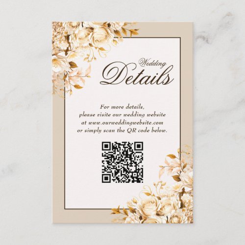 Elegant Gold Ivory Floral Wedding QR Code Details  Enclosure Card