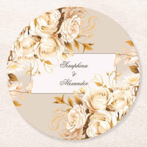Elegant Gold  Ivory Floral Wedding Round Paper Coaster