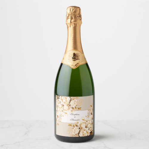 Elegant Gold  Ivory Floral Wedding Sparkling Wine Label