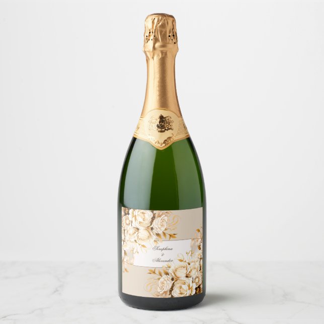Elegant Gold & Ivory Floral Wedding Sparkling Wine Label (Front)