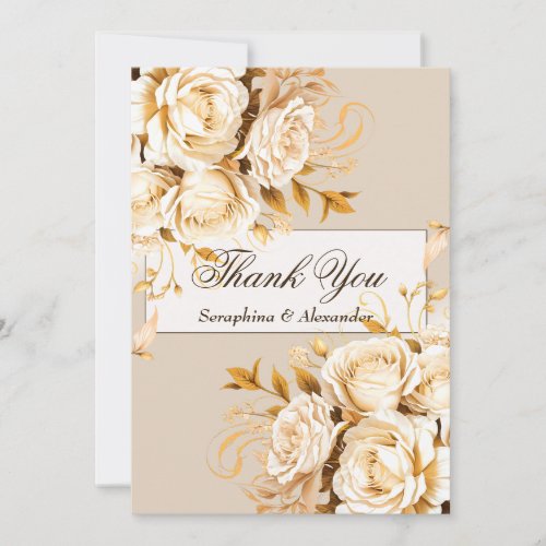 Elegant Gold  Ivory Floral Wedding Thank You Card
