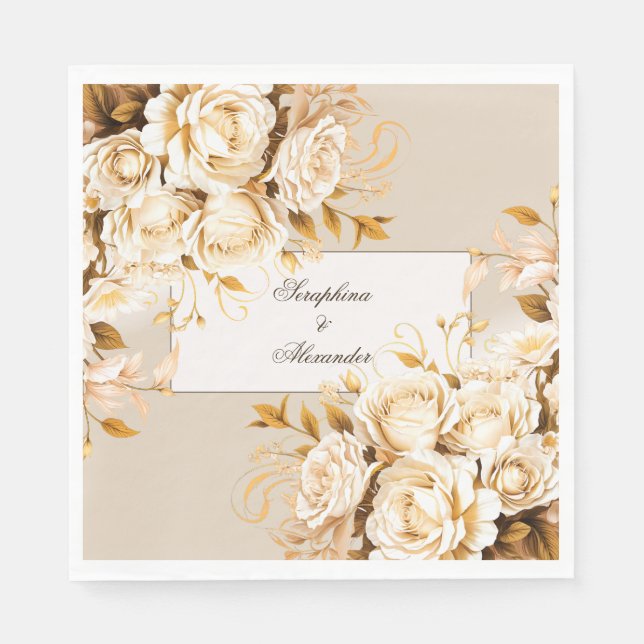 Elegant Gold & Ivory Floral Wedding Thank You Napkins (Front)