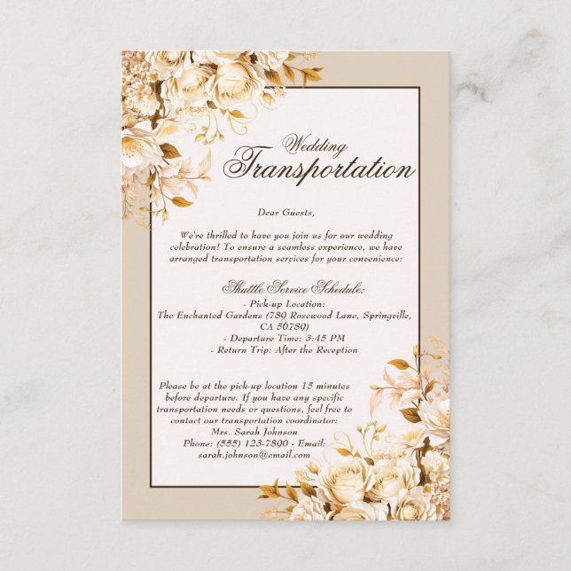 Elegant Gold & Ivory Floral Wedding Transportation Enclosure Card (Front)