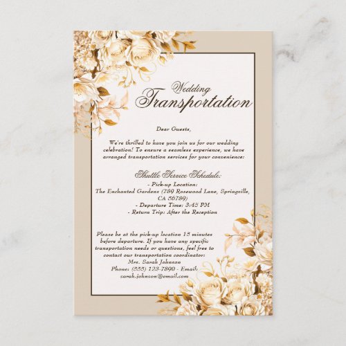 Elegant Gold  Ivory Floral Wedding Transportation Enclosure Card