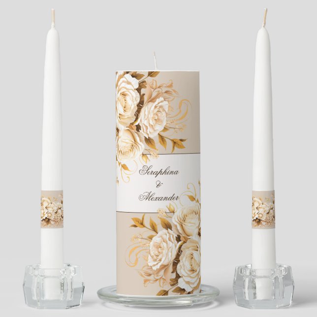 Elegant Gold & Ivory Floral Wedding Unity Candle Set (Front)