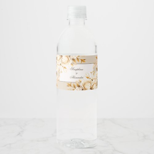 Elegant Gold  Ivory Floral Wedding Water Bottle Label