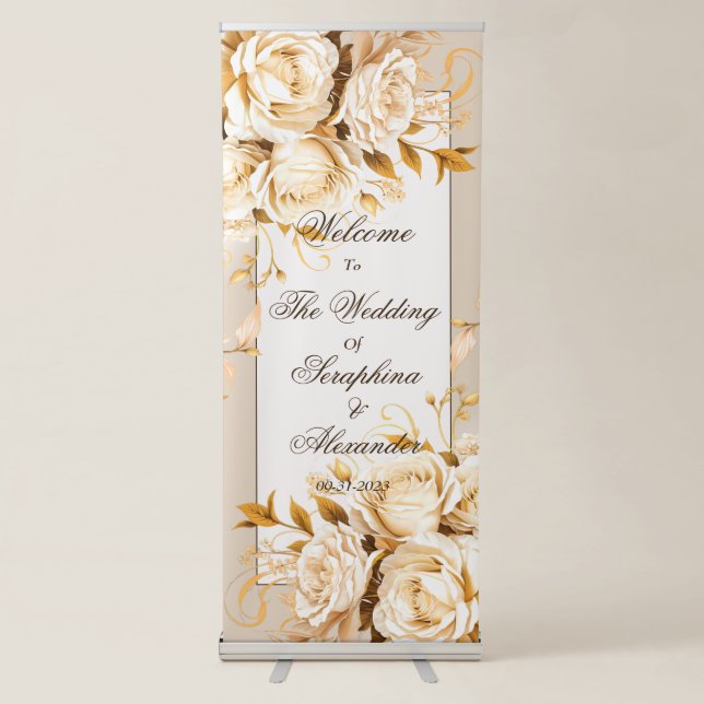 Elegant Gold & Ivory Floral Wedding Welcome Retractable Banner (Front)