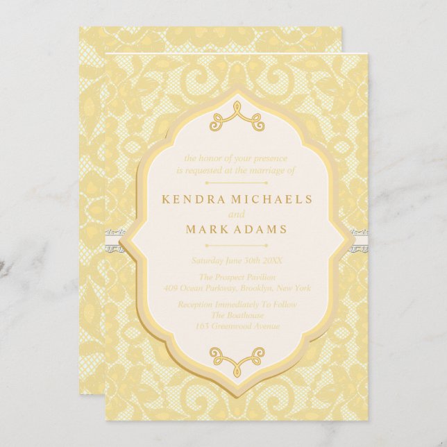 Elegant Gold & Ivory Lace Wedding Invitations (Front/Back)