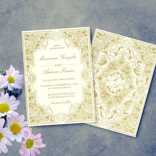 Elegant gold ivory vintage ornate frame wedding invitation