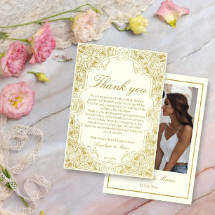 Elegant gold ivory vintage ornate photo wedding thank you card