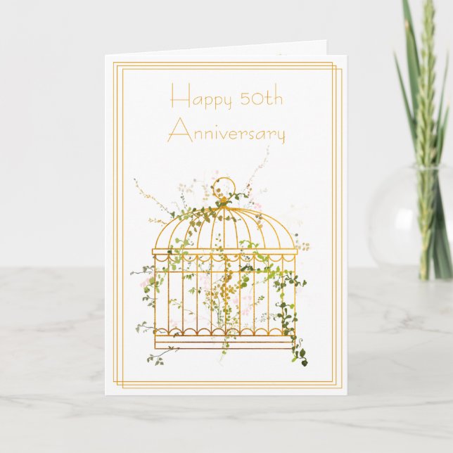 Elegant Gold Ivy and Bird Cage 50th Anniversary Card (Front)
