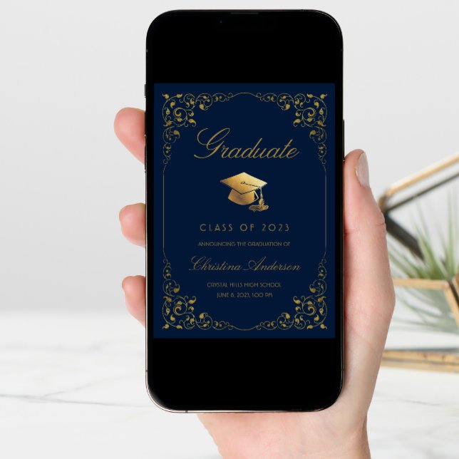 Elegant Gold Ivy Grad Cap Navyl Blue Graduation Announcement (Front Digital)