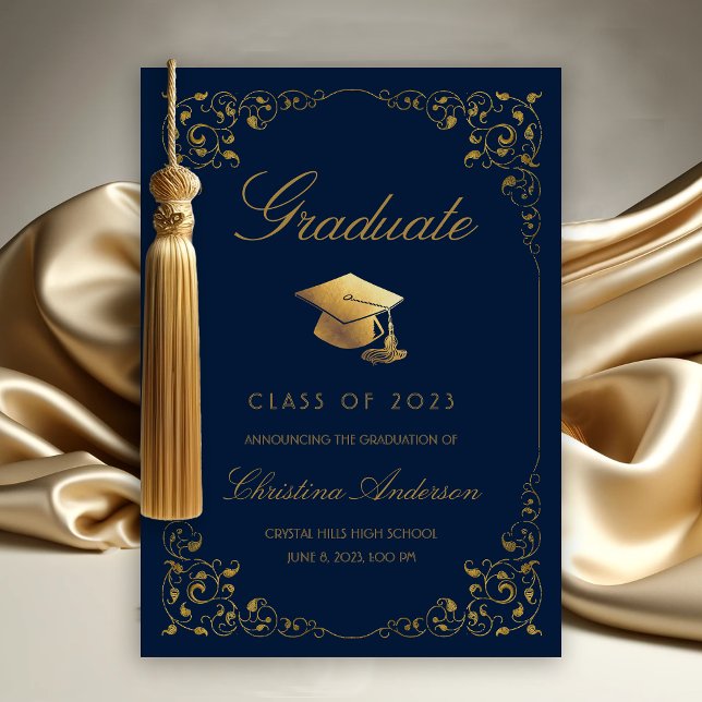 Elegant Gold Ivy Grad Cap Navyl Blue Graduation Announcement (Gold Ivy Leaf on Navy Blue Graduation Announcement)