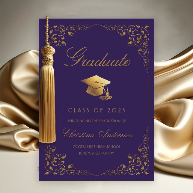 Elegant Gold Ivy Grad Cap Purple Graduation Announcement (Gold Ivy Leaf on Purple Graduation Announcement)