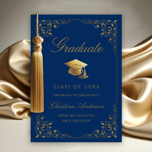 Elegant Gold Ivy Grad Cap Royal Blue Graduation Announcement