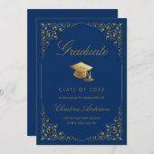 Elegant Gold Ivy Grad Cap Royal Blue Graduation Announcement (Front/Back)