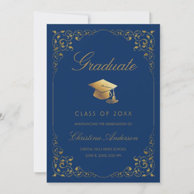 Elegant Gold Ivy Grad Cap Royal Blue Graduation Announcement (Front)