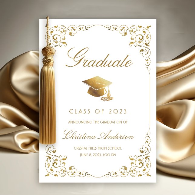 Elegant Gold Ivy Grad Cap White Graduation Announcement (Gold Ivy Leaf on White Graduation Announcement)