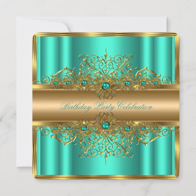 Elegant Gold Jade Teal Pearls Birthday Party 3 Invitation (Front)