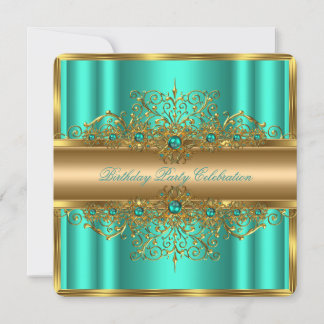 Elegant Gold Jade Teal Pearls Birthday Party 3 Invitation