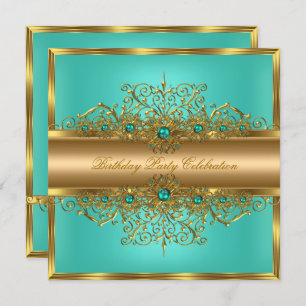 Elegant Gold Jade Teal Pearls Birthday Party Invitation