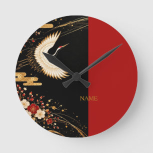 Elegant Gold Japanese Crane Vermilion Wall Clock