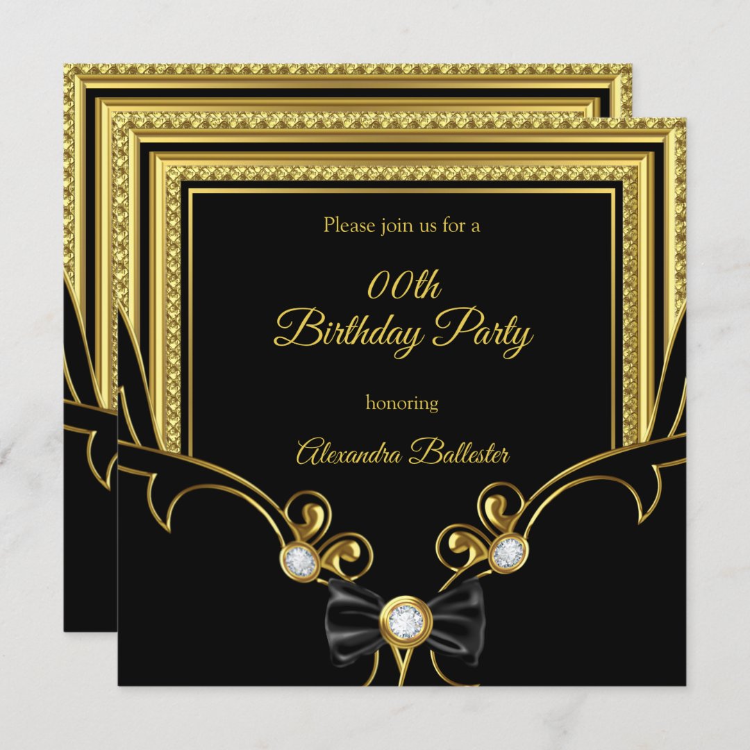 Elegant Gold Jewel Black Bow Birthday Party Invitation | Zazzle