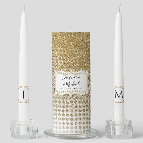 Elegant Gold Jewel Diamond Names Initials Wedding Unity Candle Set