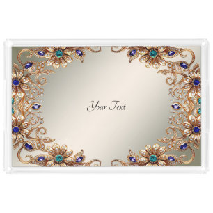 Elegant Gold Jewel Flowers Acrylic Vanity Tray