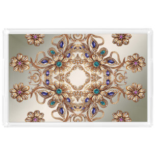 Elegant Gold Jewel Flowers Acrylic Vanity Tray