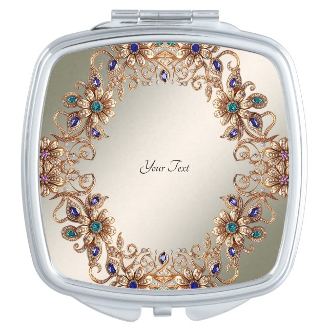 Elegant Gold Jewel Flowers Compact Mirror (Front)