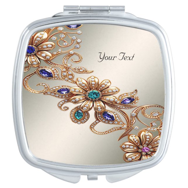 Elegant Gold Jewel Flowers Compact Mirror (Front)