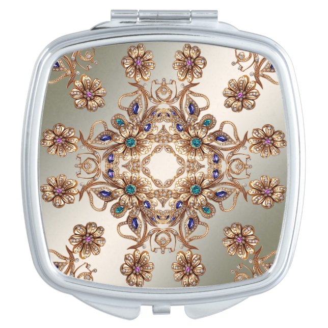 Elegant Gold Jewel Flowers Compact Mirror (Front)