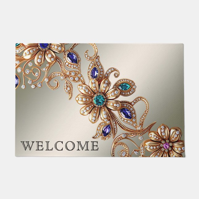 Elegant Gold Jewel Flowers Doormat (Front)