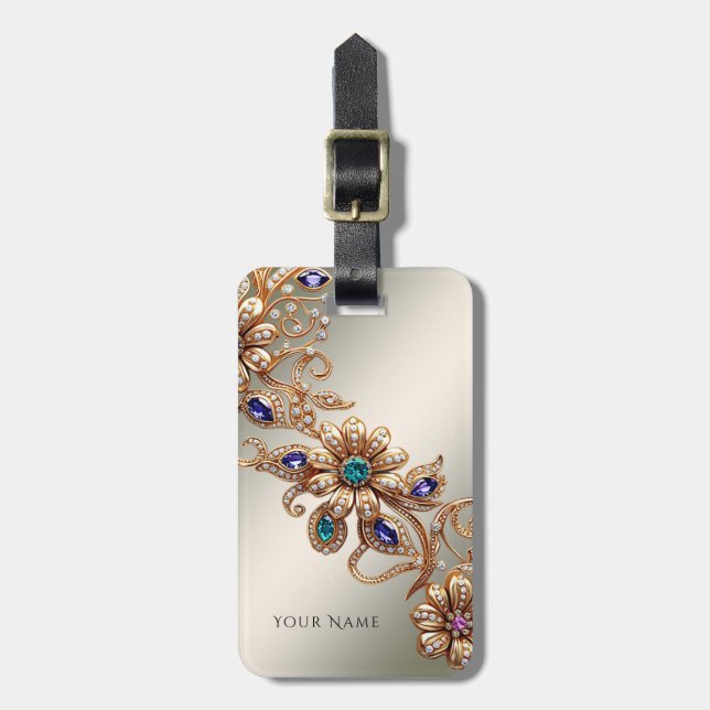 Elegant Gold Jewel Flowers Luggage Tag (Front Vertical)
