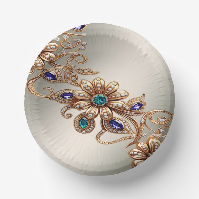 Elegant Gold Jewel Flowers Paper Bowls (Front)