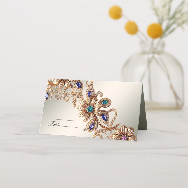 Elegant Gold Jewel Flowers Place Card (Front)