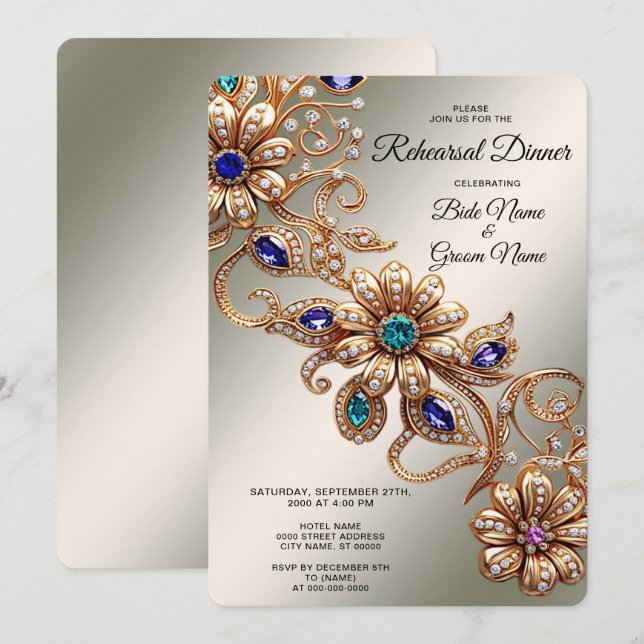 Elegant Gold Jewel Flowers Rehearsal Dinner Invitation (Front/Back)