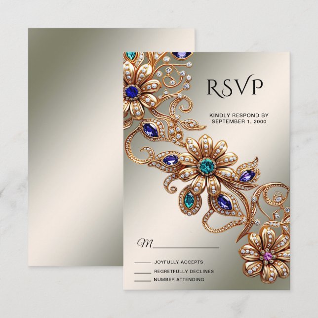 Elegant Gold Jewel Flowers RSVP Card (Front/Back)