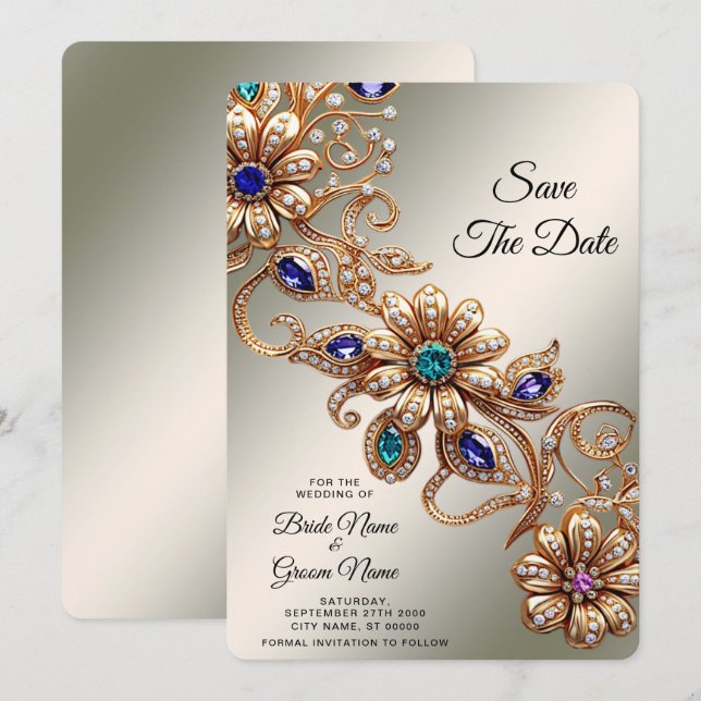 Elegant Gold Jewel Flowers Save The Date (Front/Back)