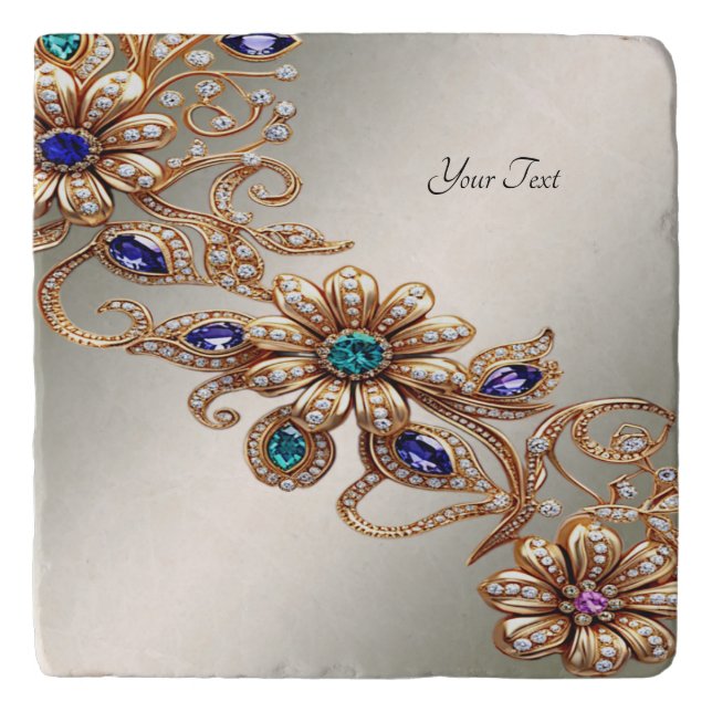 Elegant Gold Jewel Flowers Trivet (Front)