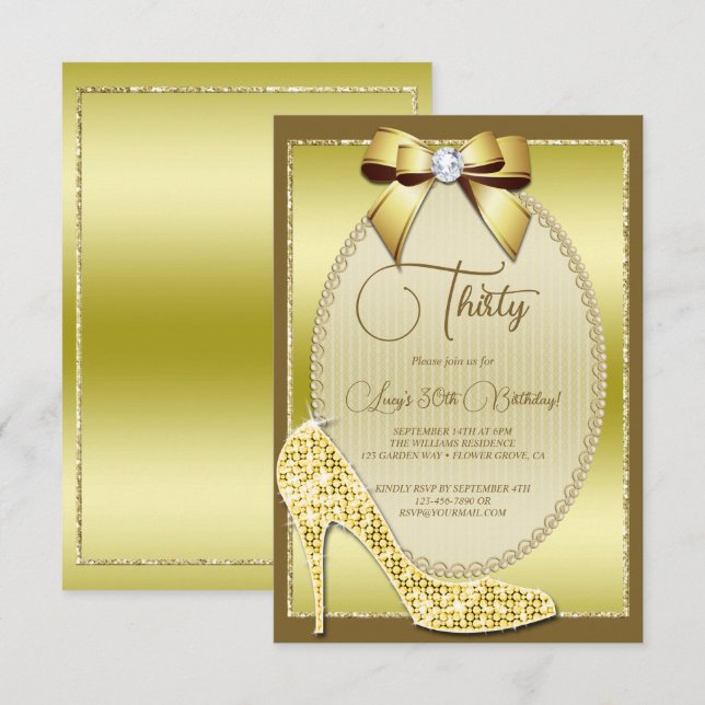 Elegant Gold Jeweld Bow & Stiletto Birthday Invitation (Front/Back)