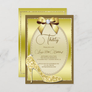 Elegant Gold Jeweld Bow & Stiletto Birthday Invitation