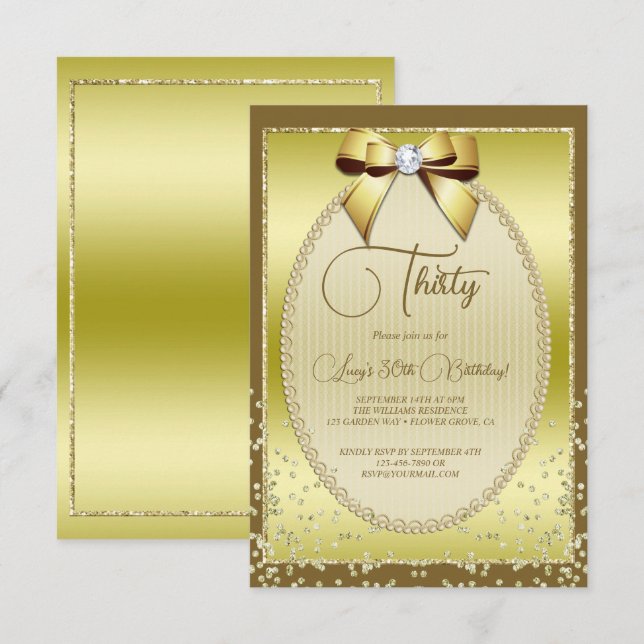 Elegant Gold Jeweled Bow & Confetti Birthday Invitation (Front/Back)
