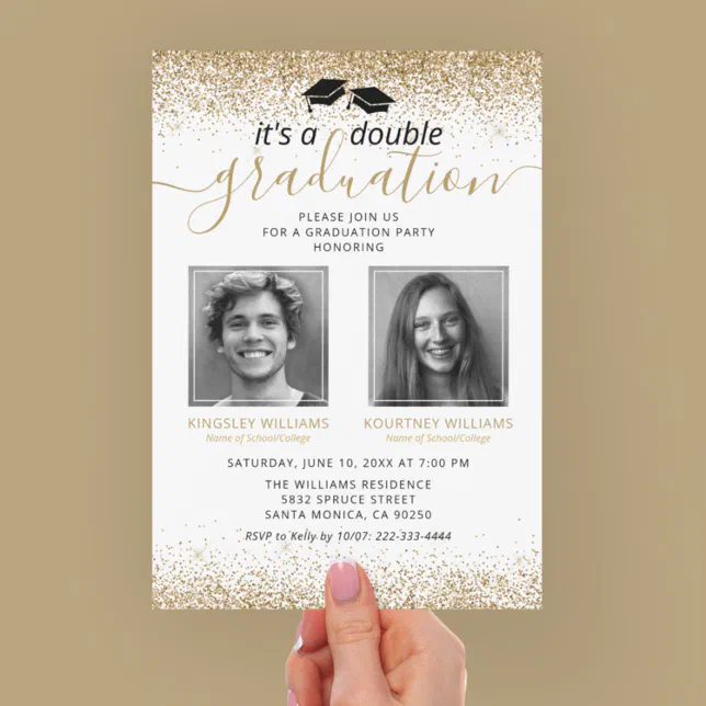 Elegant Gold Joint Graduation Photo Invitation | Zazzle