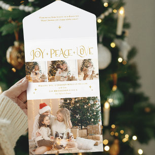 Elegant Gold Joy Peace Love Script 3-Photo All In One Invitation