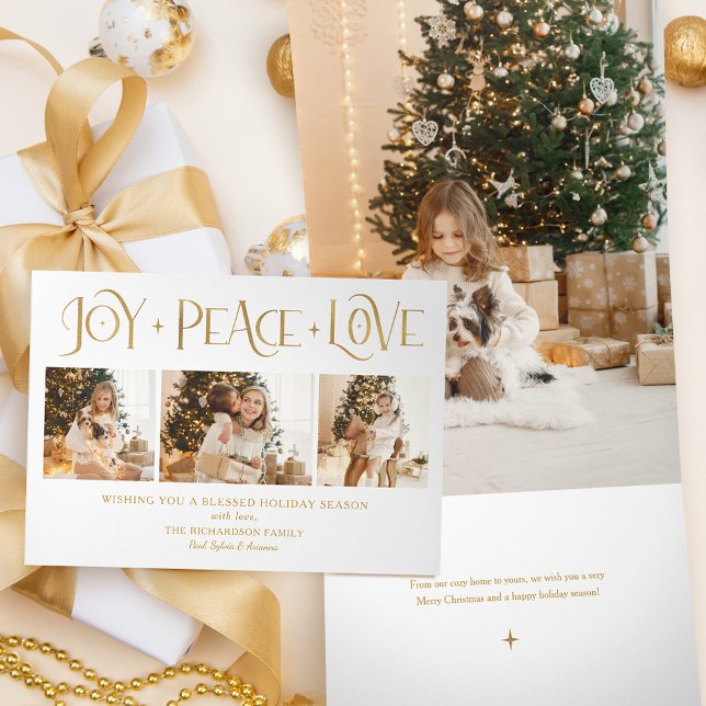 Elegant Gold Joy Peace Love Script 3-Photo Tri-Fold Holiday Card (Creator Uploaded)