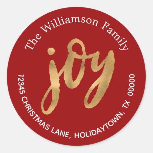 Elegant Gold Joy Red Return Address Christmas Classic Round Sticker